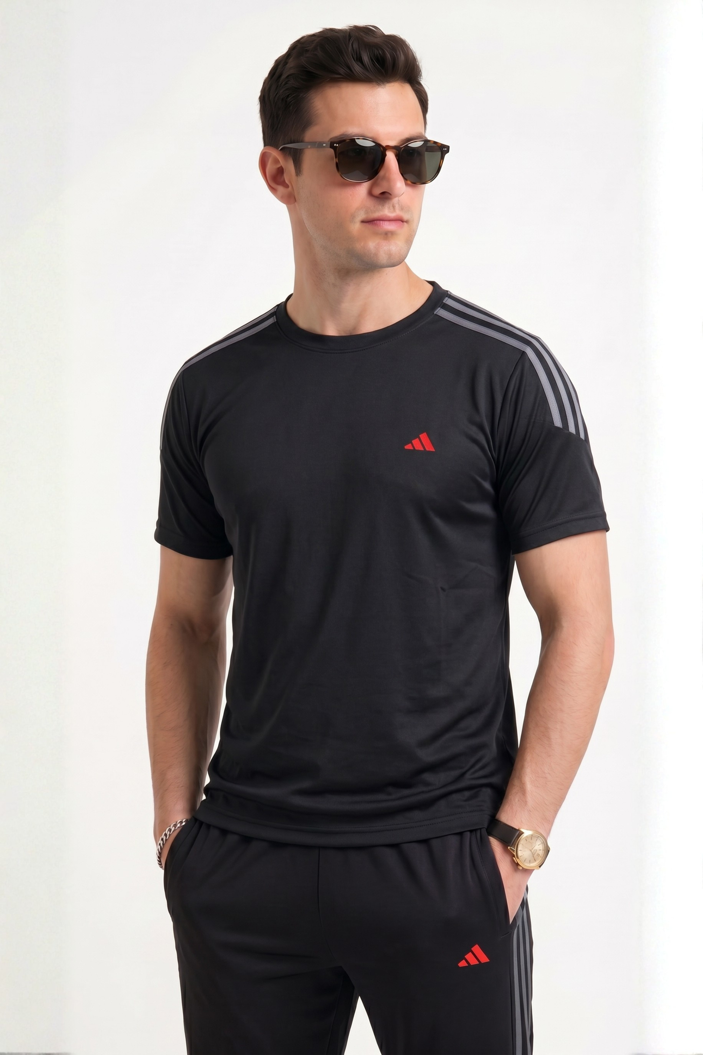 ADI Black with Grey Stripes Dri-Fit Tracksuit