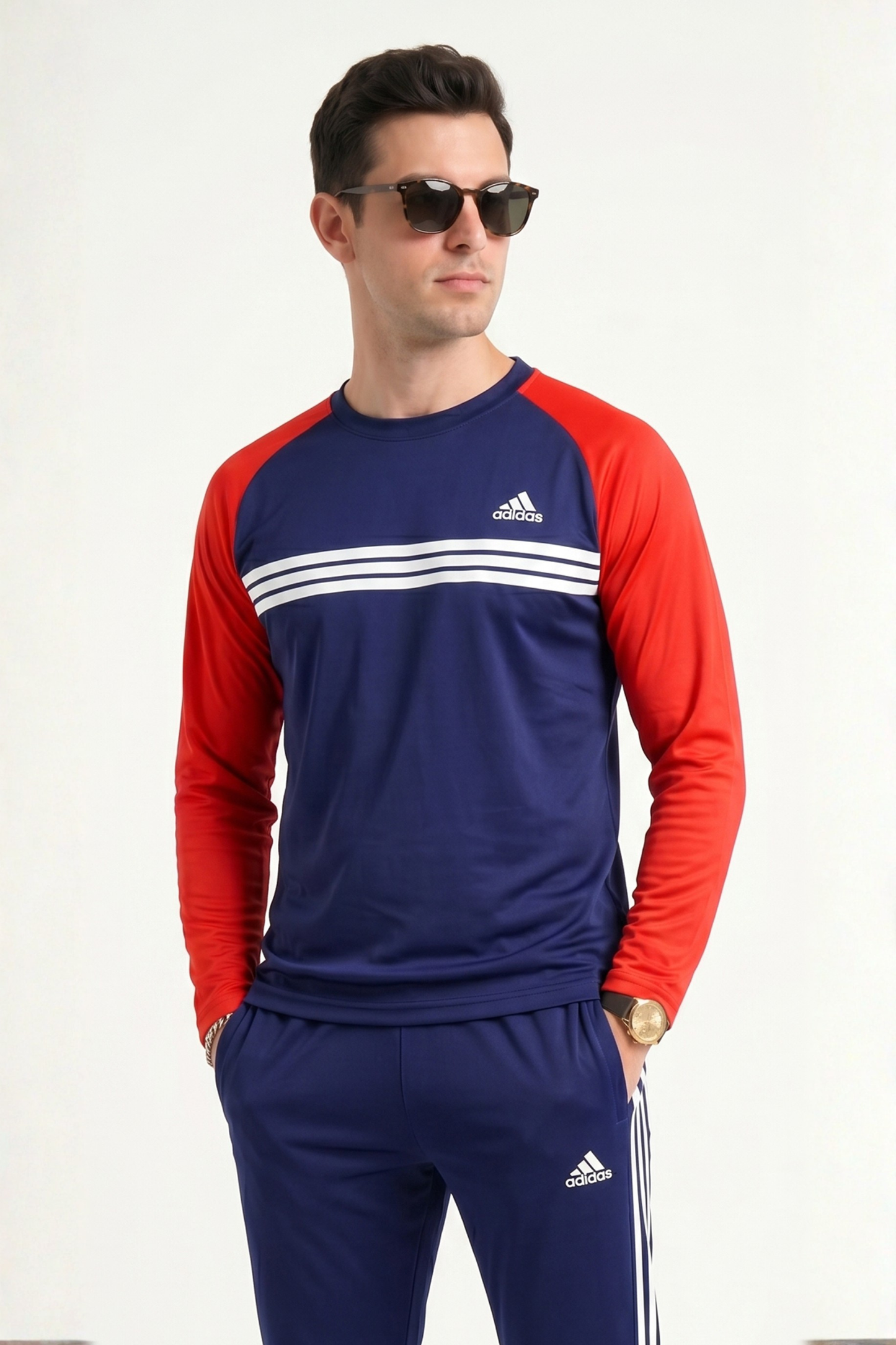 ADI Navy Blue & Red Full Sleeves Dri-Fit Tracksuit