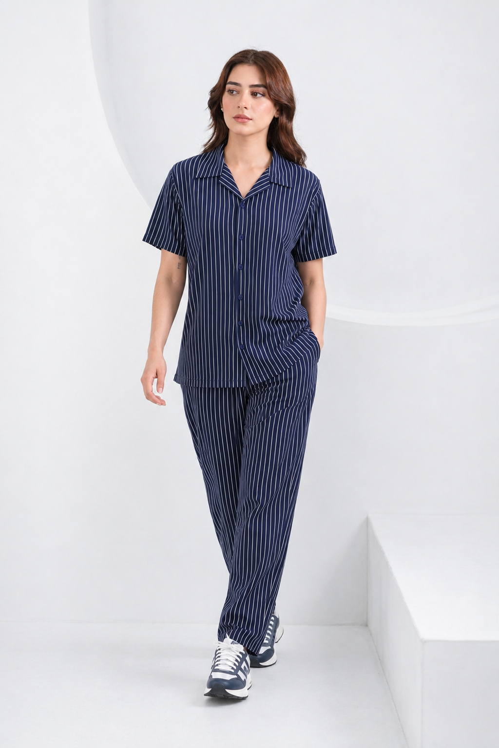 Baigino Navy Blue Streak Button Down Co-ord Set F