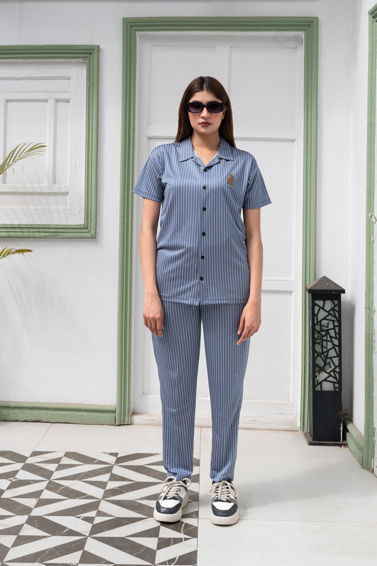 Baigino Gray Streak Button-Down Co-ord Set F