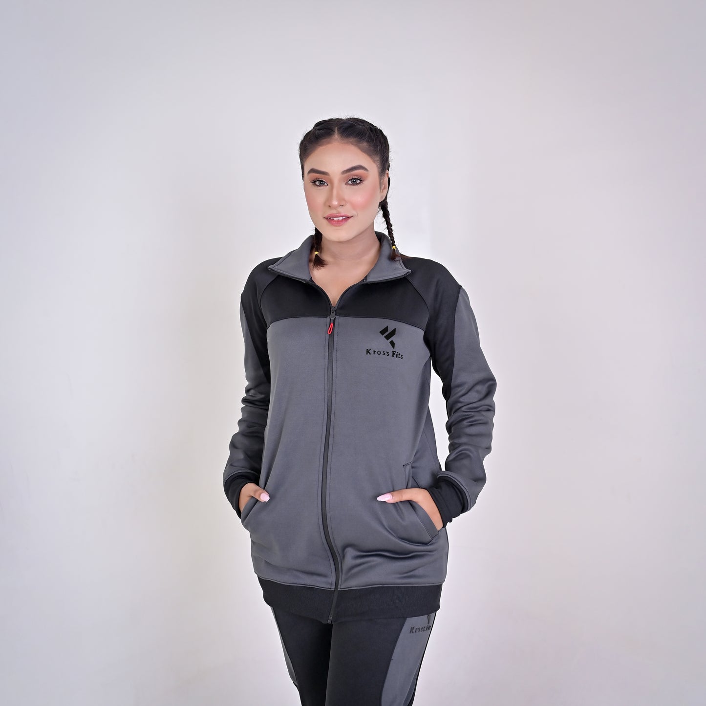 KF Gray & Black Full Sleeves Winter Tracksuit - Female