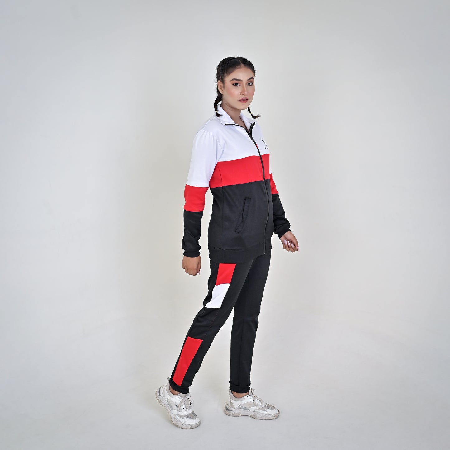 KF Black & White Red Full Sleeves Winter Tracksuit - Female