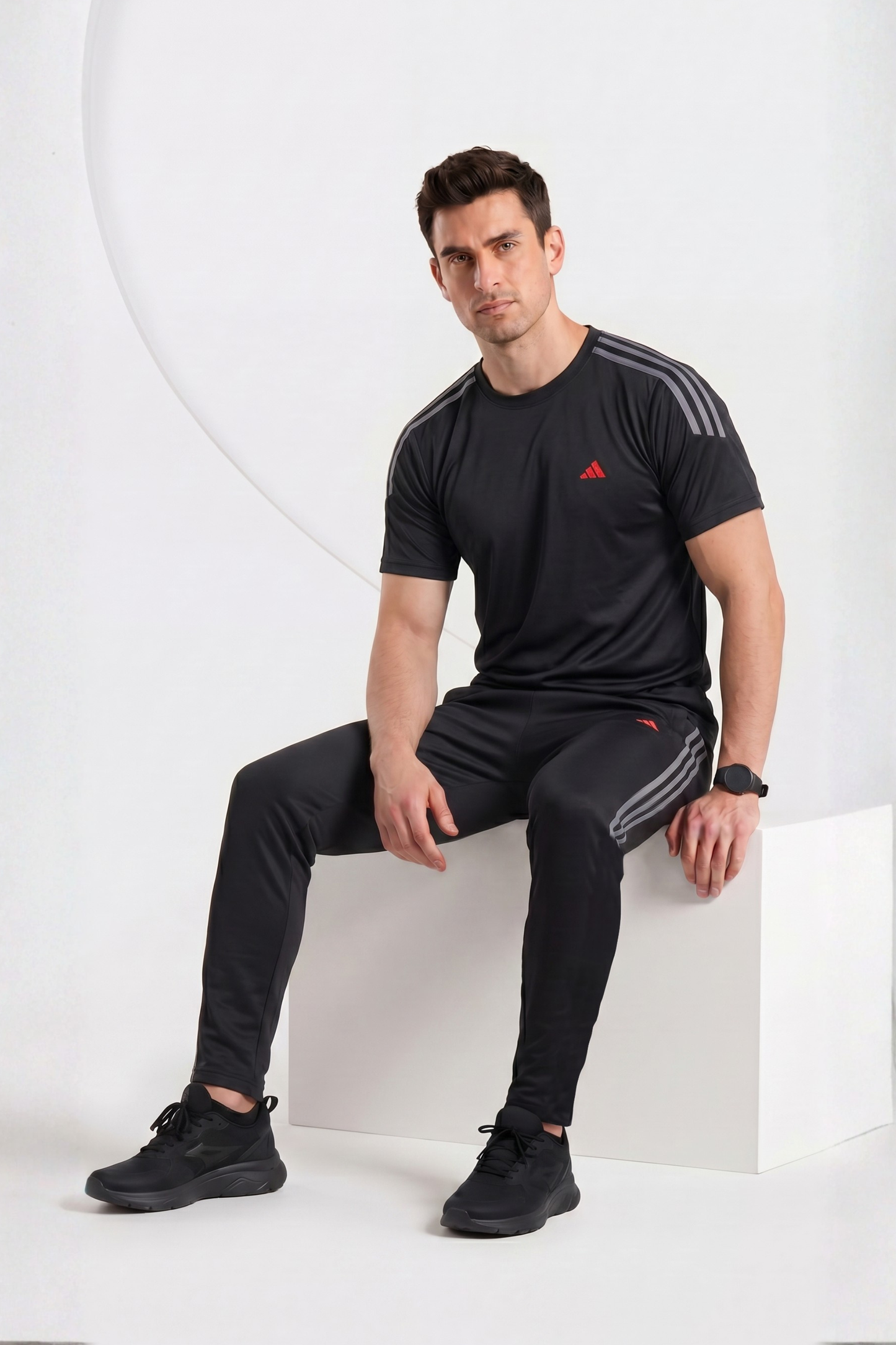 ADI Black with Grey Stripes Dri-Fit Tracksuit