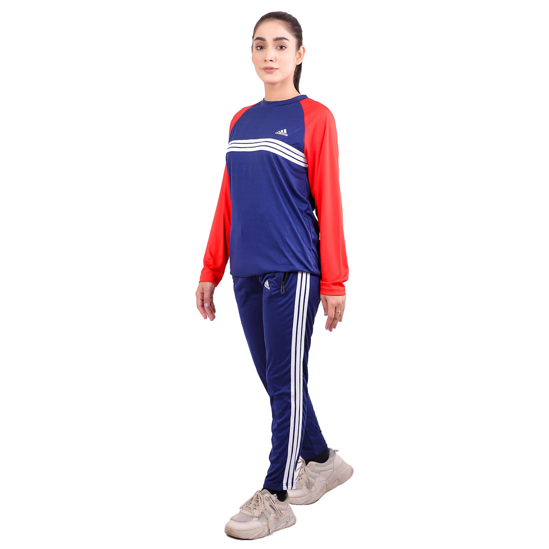 ADI Navy Blue & Red Full Sleeves Dri-Fit Tracksuit - L