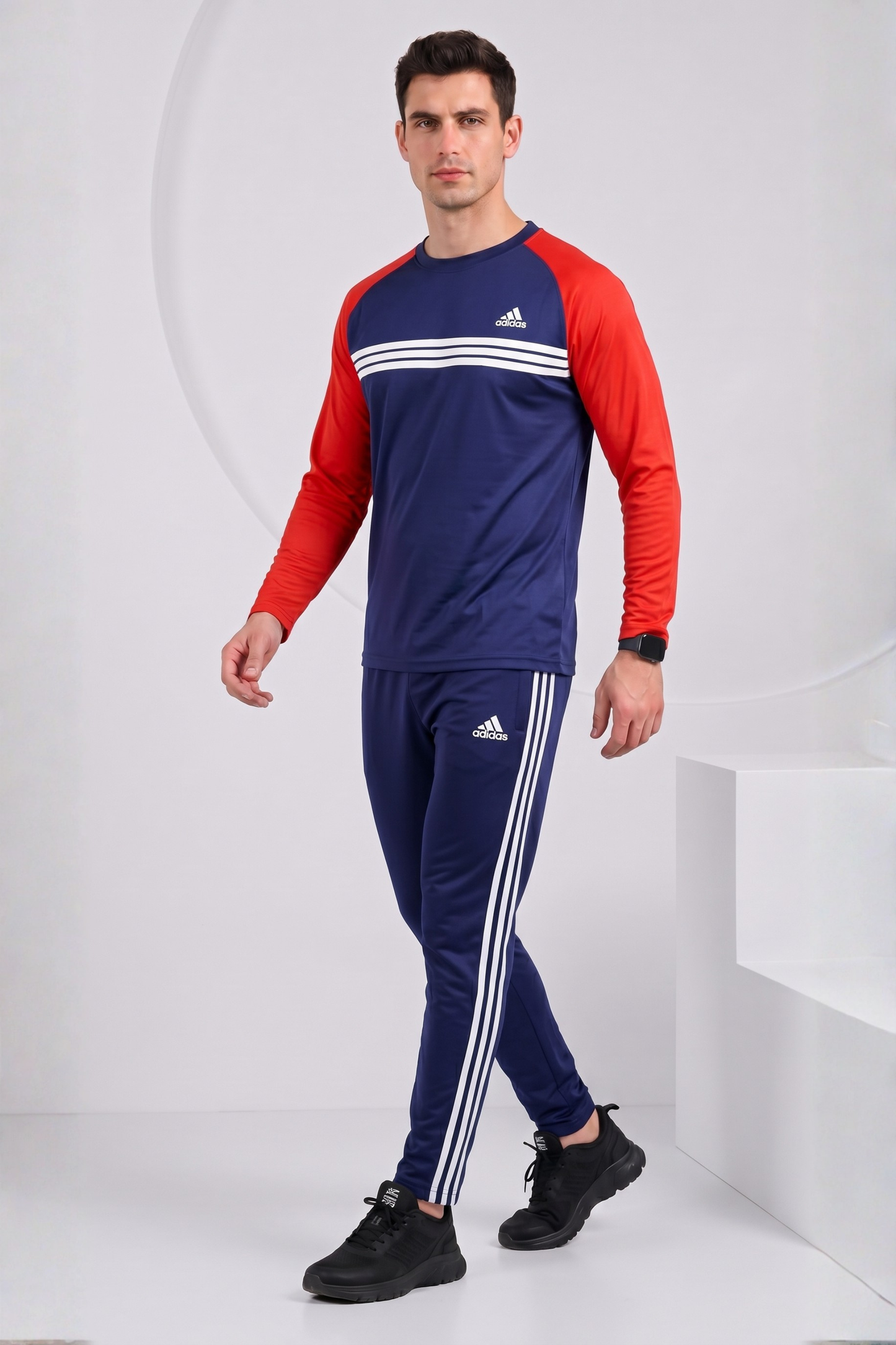 ADI Navy Blue & Red Full Sleeves Dri-Fit Tracksuit