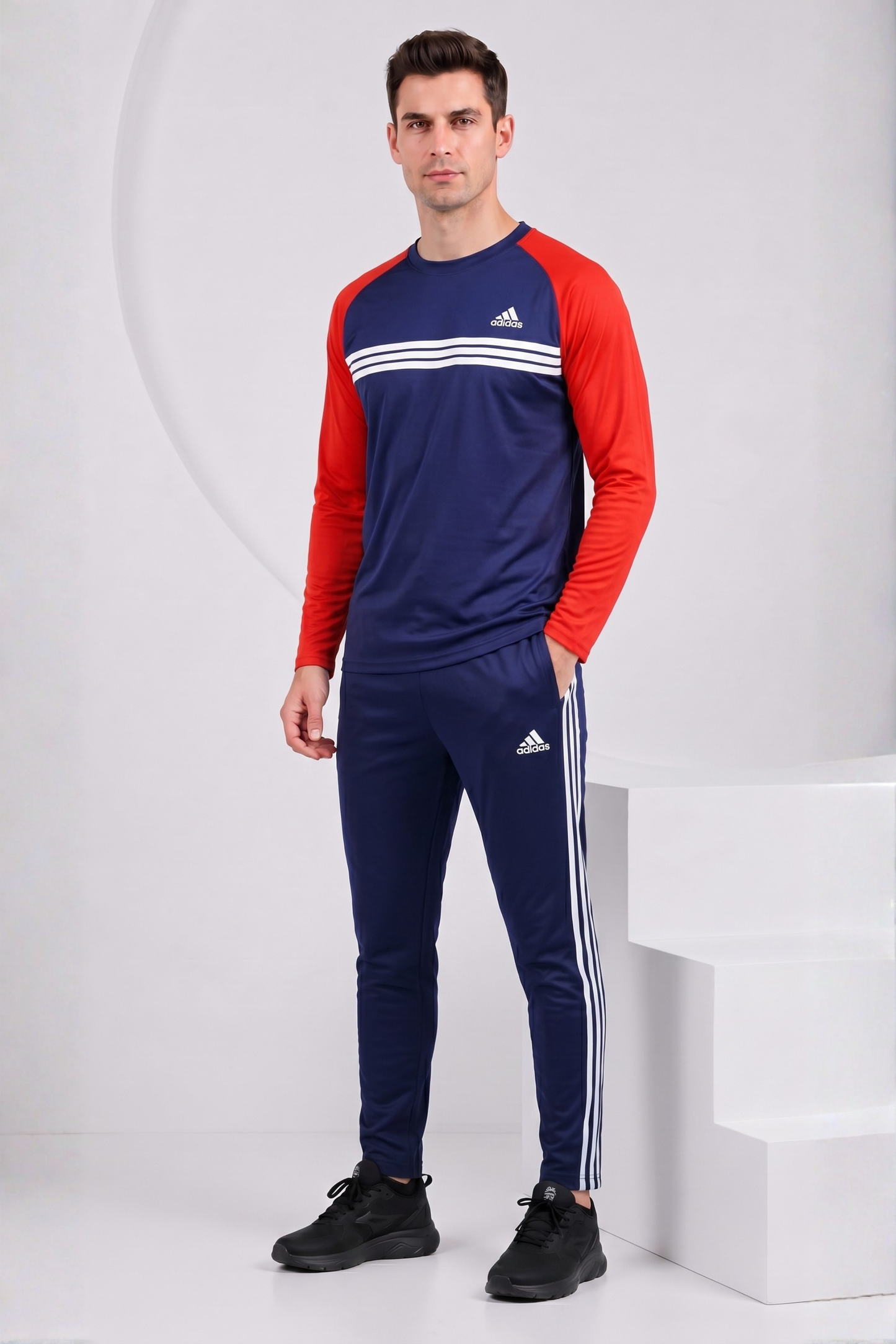 ADI Navy Blue & Red Full Sleeves Dri-Fit Tracksuit