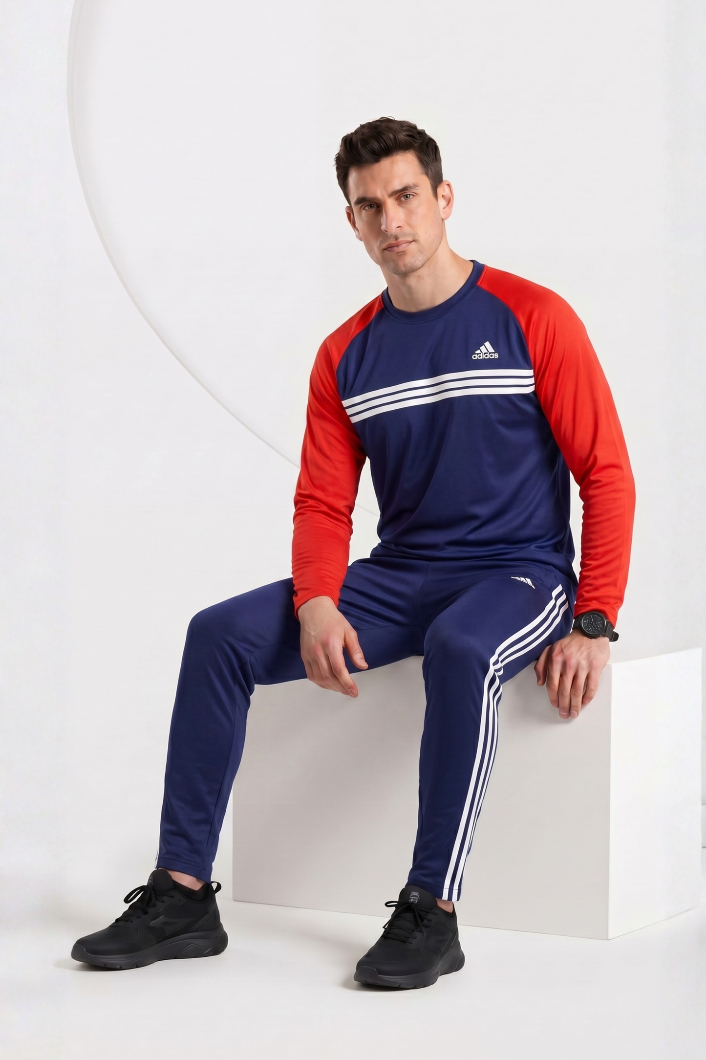 ADI Navy Blue & Red Full Sleeves Dri-Fit Tracksuit