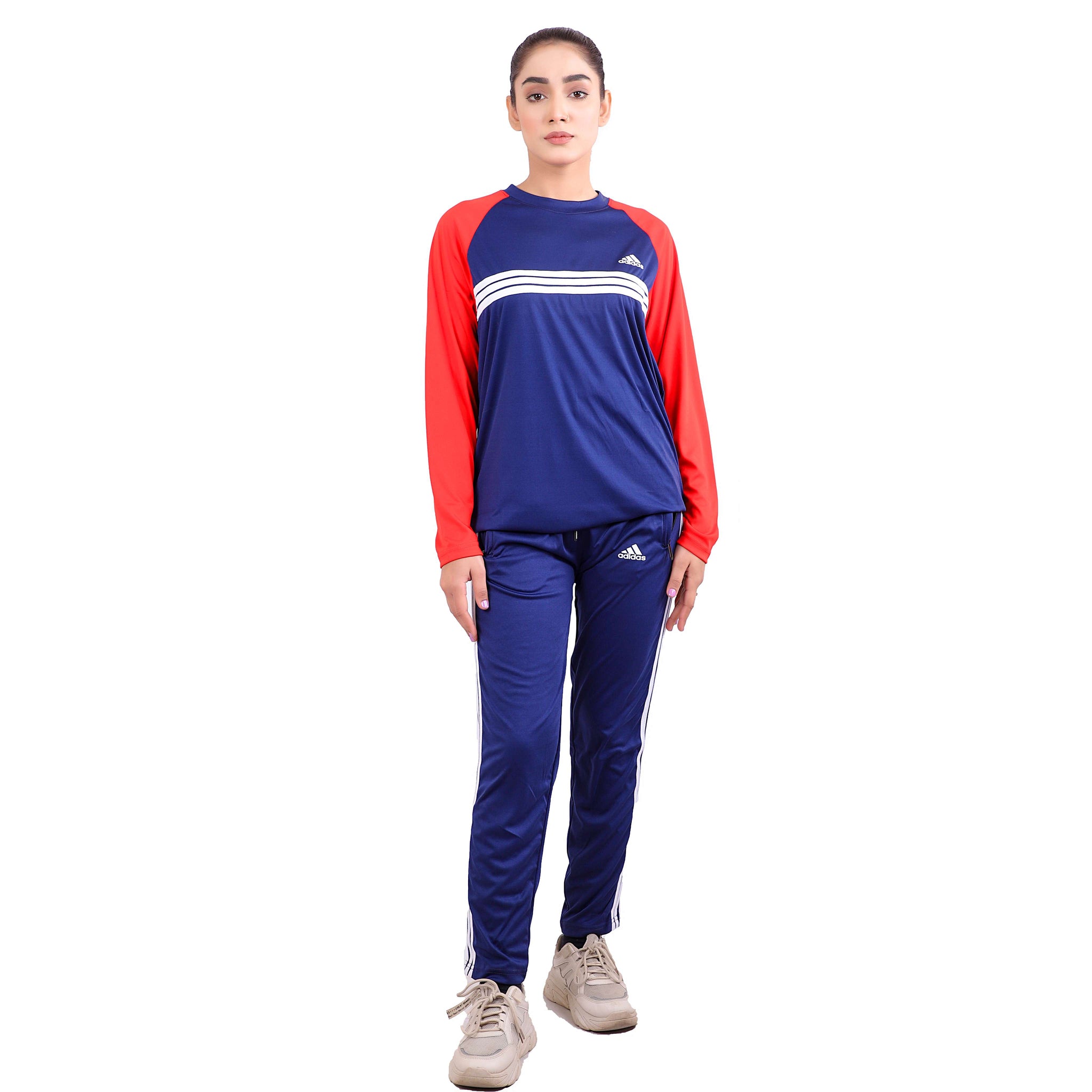 ADI Navy Blue & Red Full Sleeves Dri-Fit Tracksuit - L