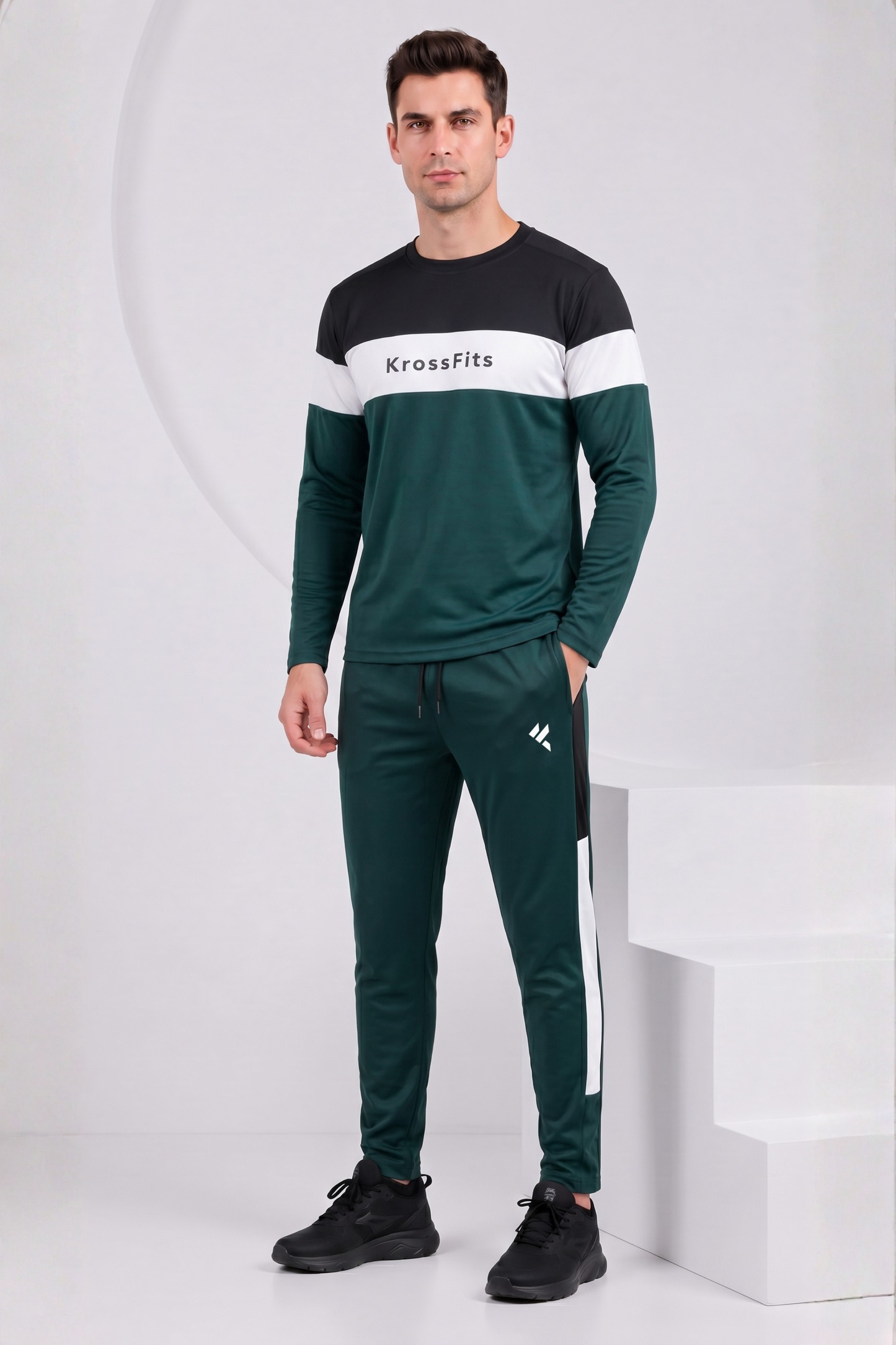 KF Black White & Green Full Sleeves Dri-Fit Tracksuit