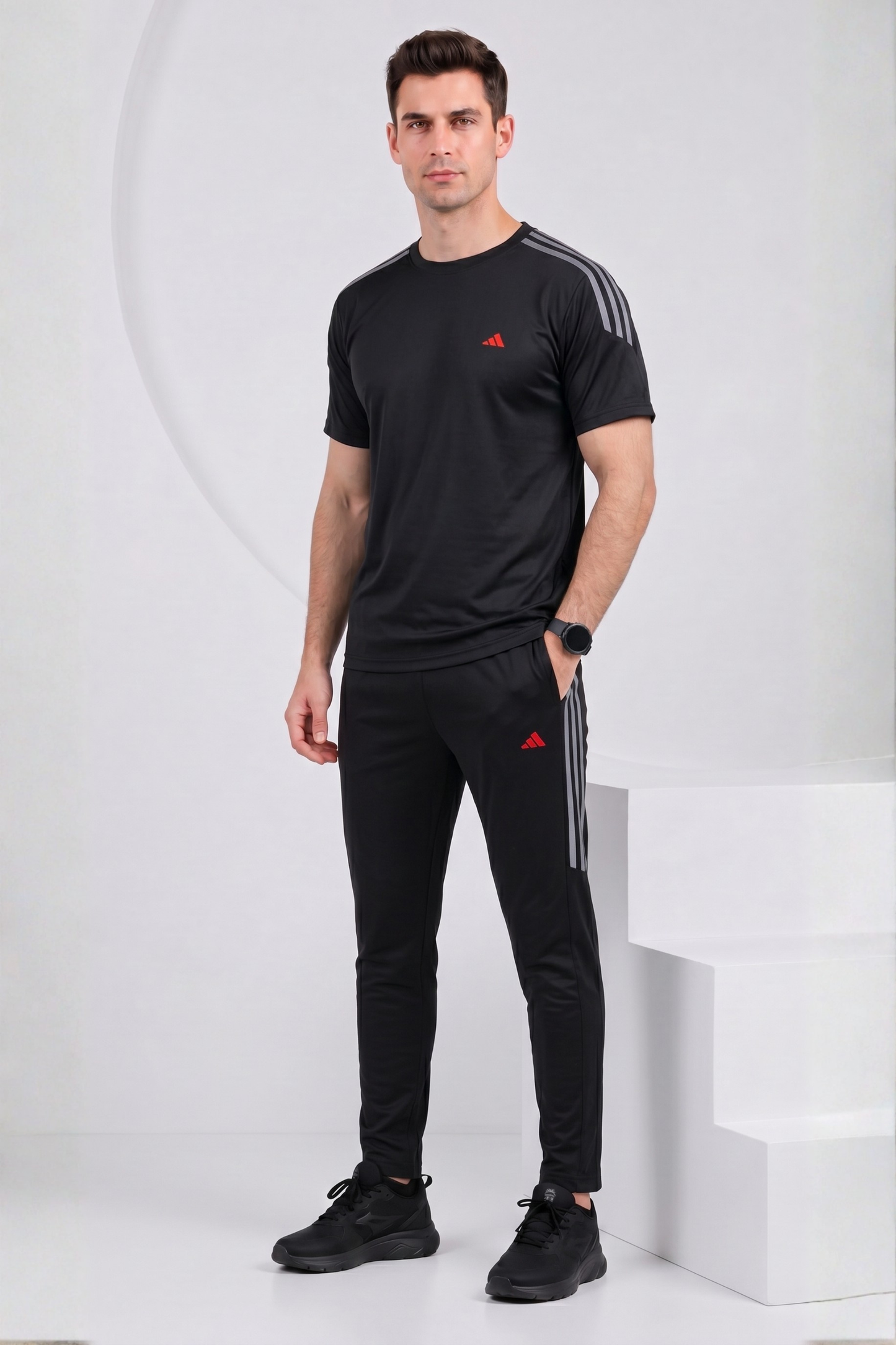 ADI Black with Grey Stripes Dri-Fit Tracksuit