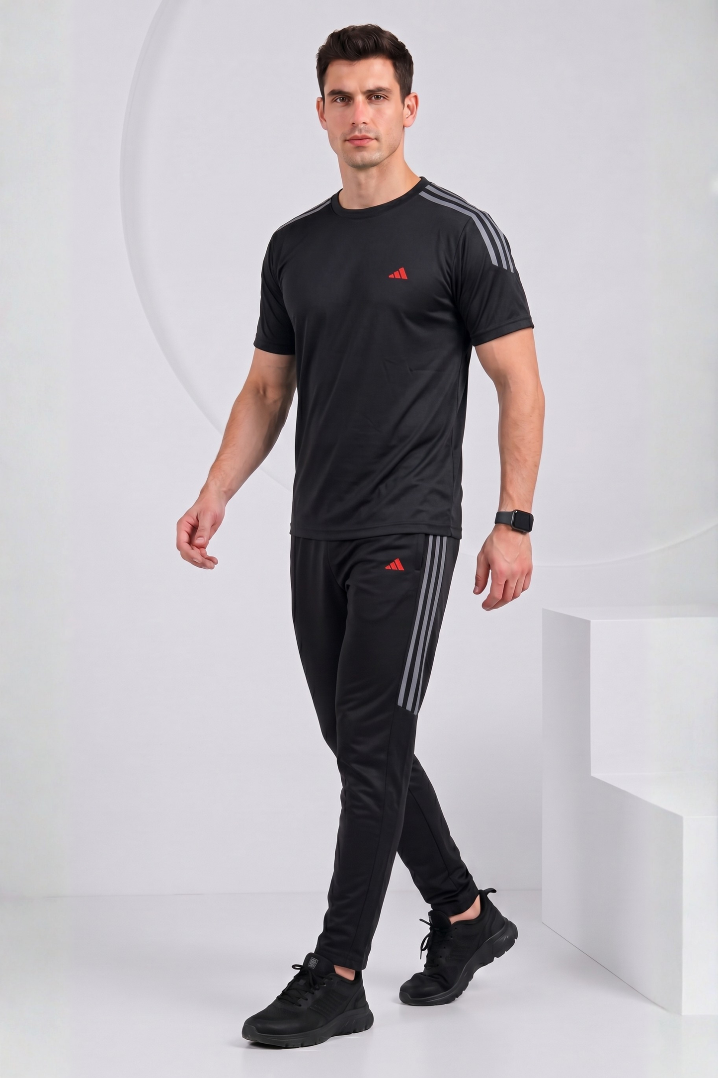 ADI Black with Grey Stripes Dri-Fit Tracksuit