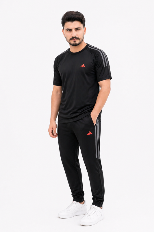 ADI Black with Grey Stripes Dri-Fit Tracksuit