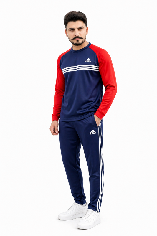 ADI Navy Blue & Red Full Sleeves Dri-Fit Tracksuit