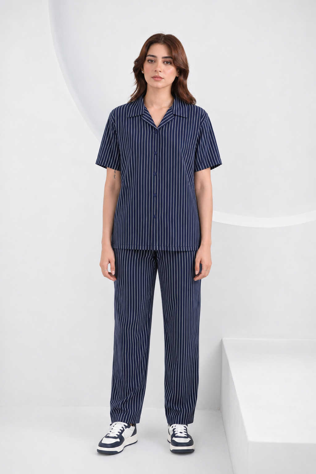 Baigino Navy Blue Streak Button Down Co-ord Set F
