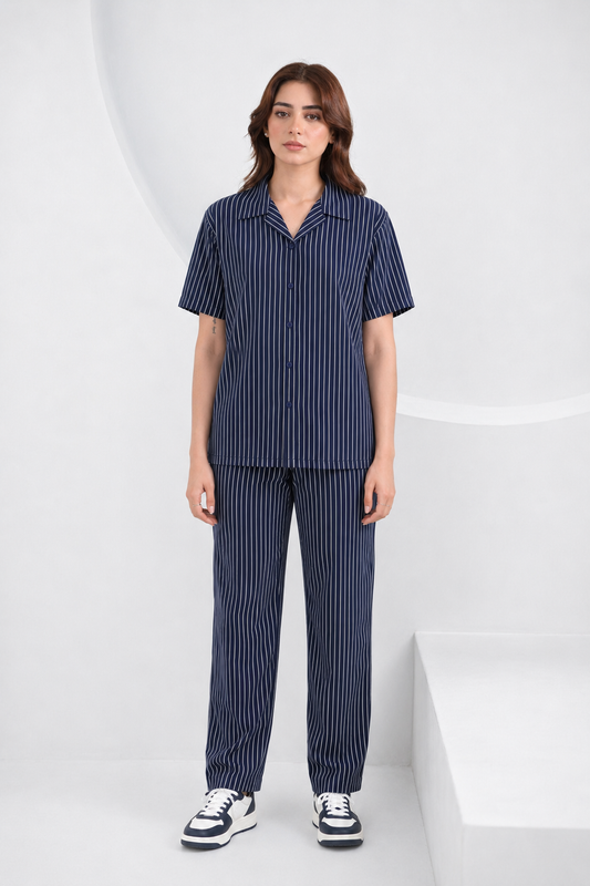 Baigino Navy Blue Streak Button Down Co-ord Set F
