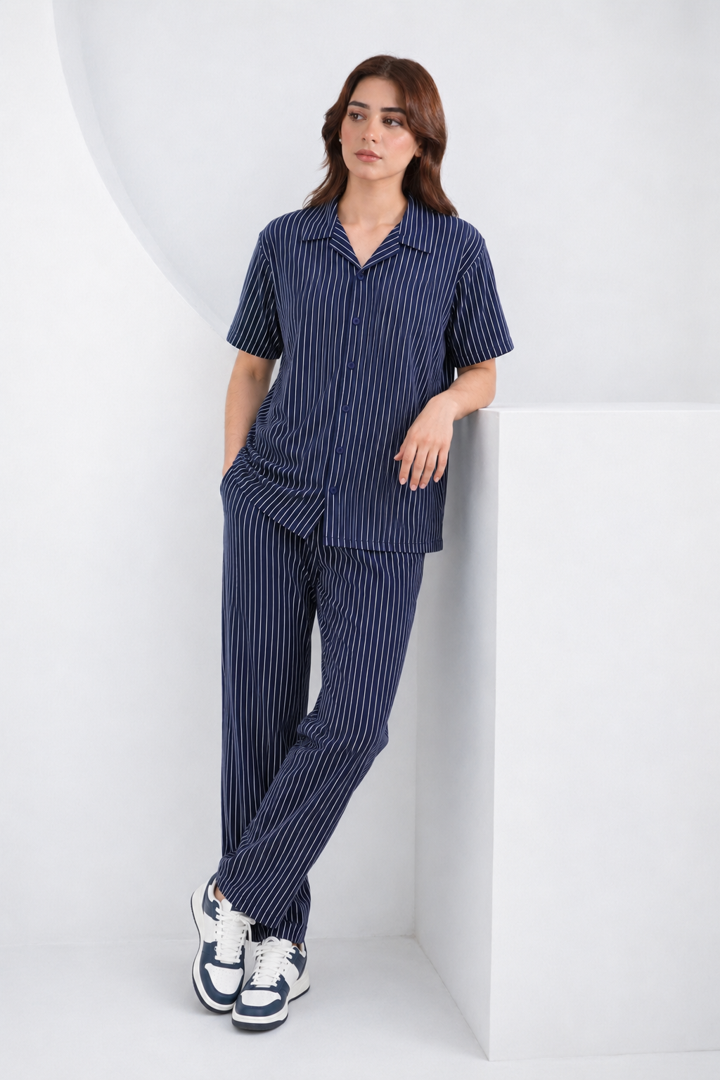 Baigino Navy Blue Streak Button Down Co-ord Set F
