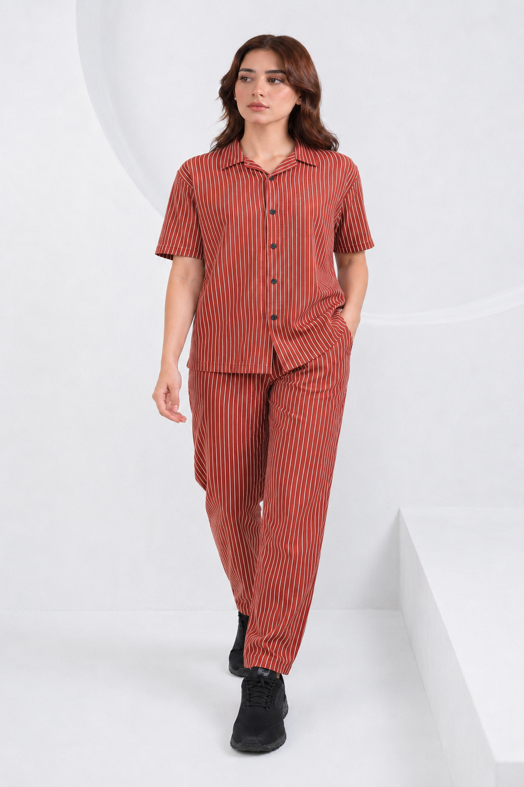 Baigino Rust Brown Button Down Co-ord Set - F