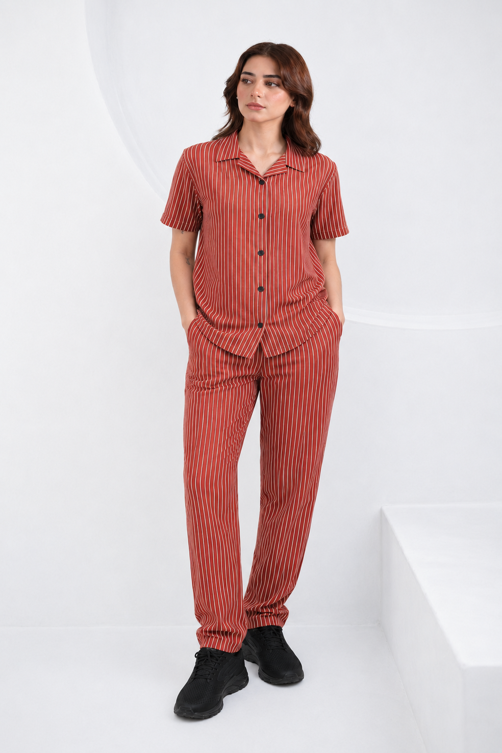 Baigino Rust Brown Button Down Co-ord Set - F