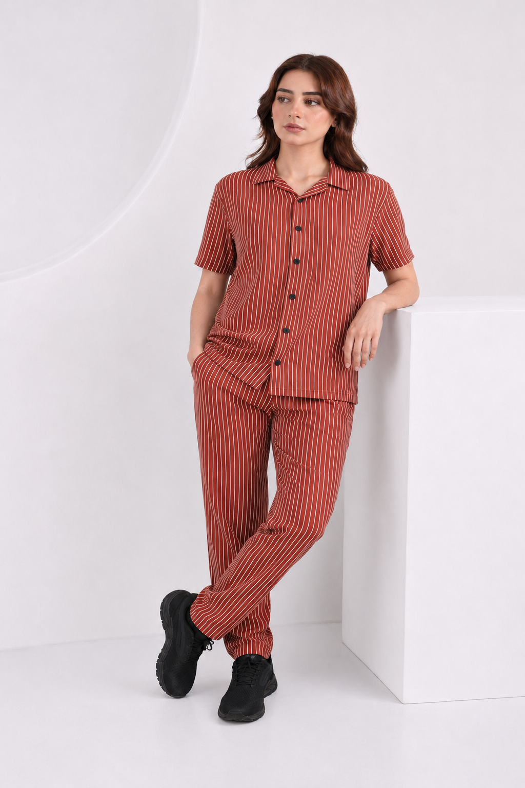 Baigino Rust Brown Button Down Co-ord Set - F