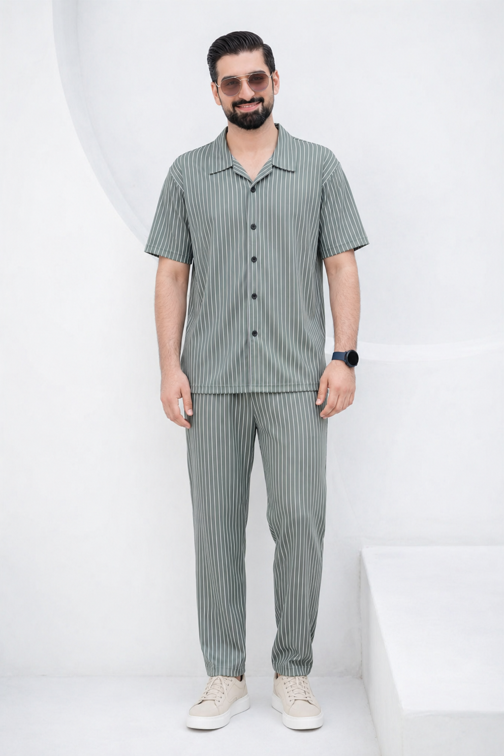 Baigino Gray Streak Button Down Co-ord Set