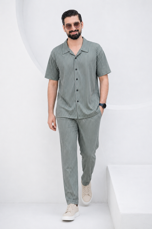 Baigino Gray Streak Button Down Co-ord Set