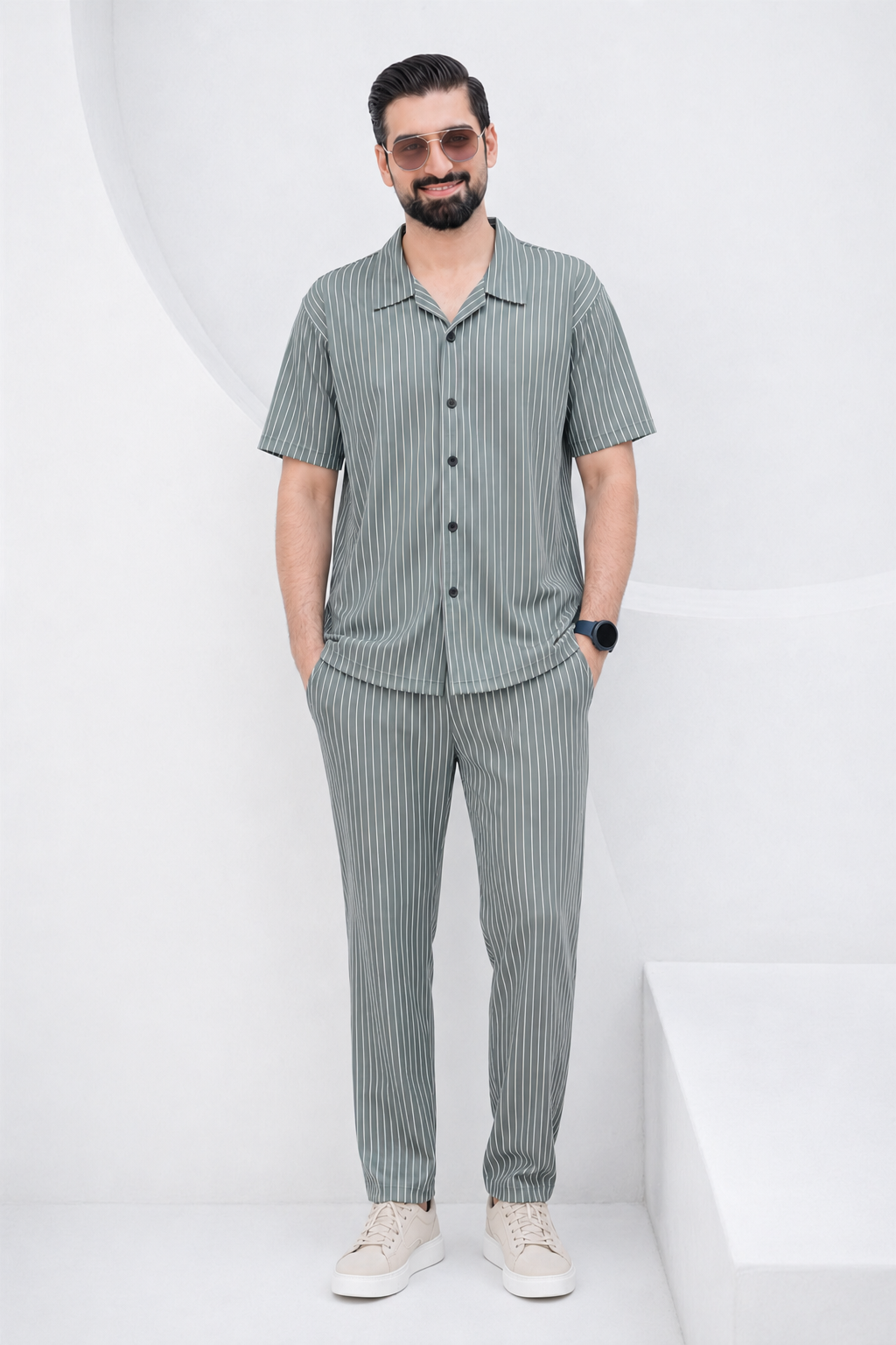 Baigino Gray Streak Button Down Co-ord Set