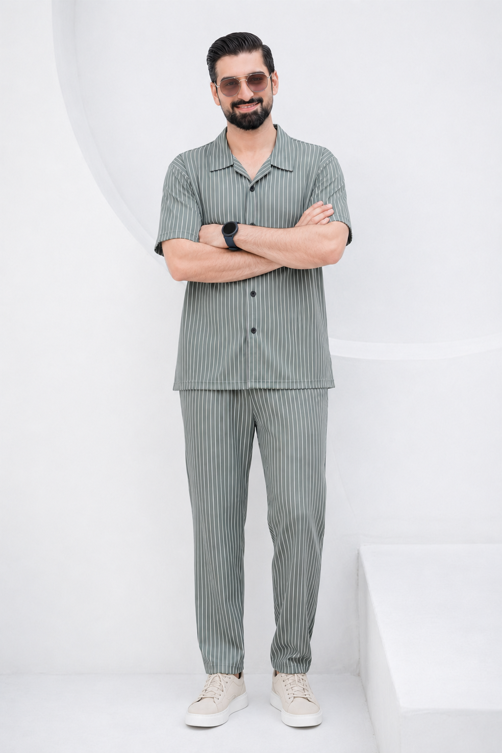 Baigino Gray Streak Button Down Co-ord Set