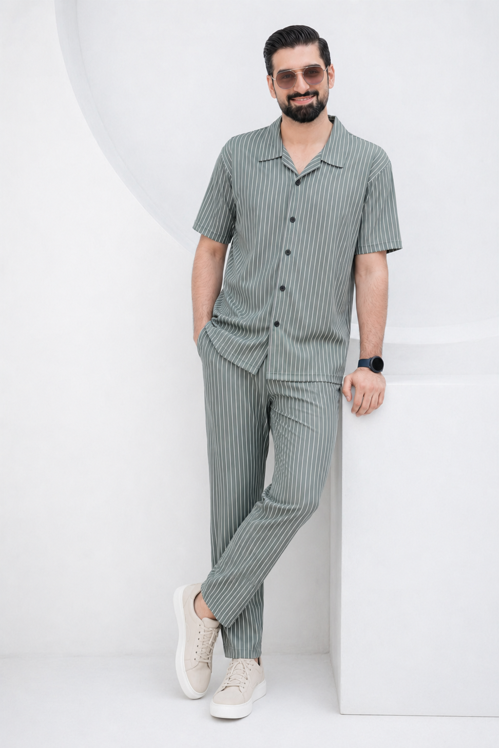 Baigino Gray Streak Button Down Co-ord Set