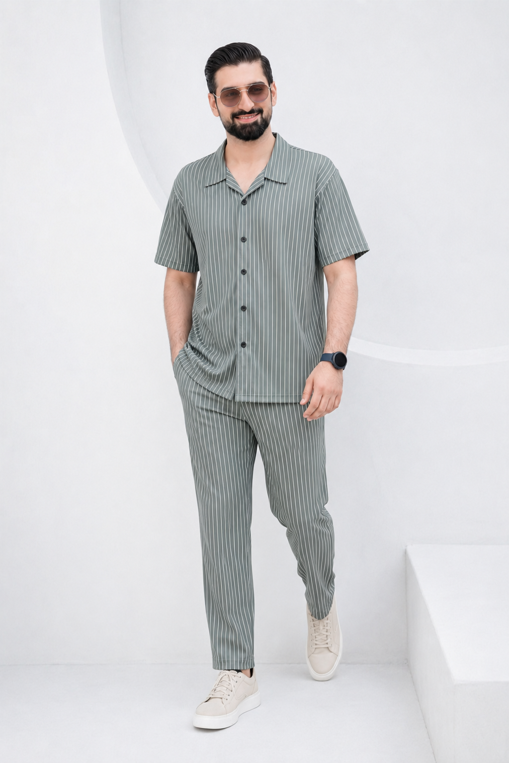 Baigino Gray Streak Button Down Co-ord Set