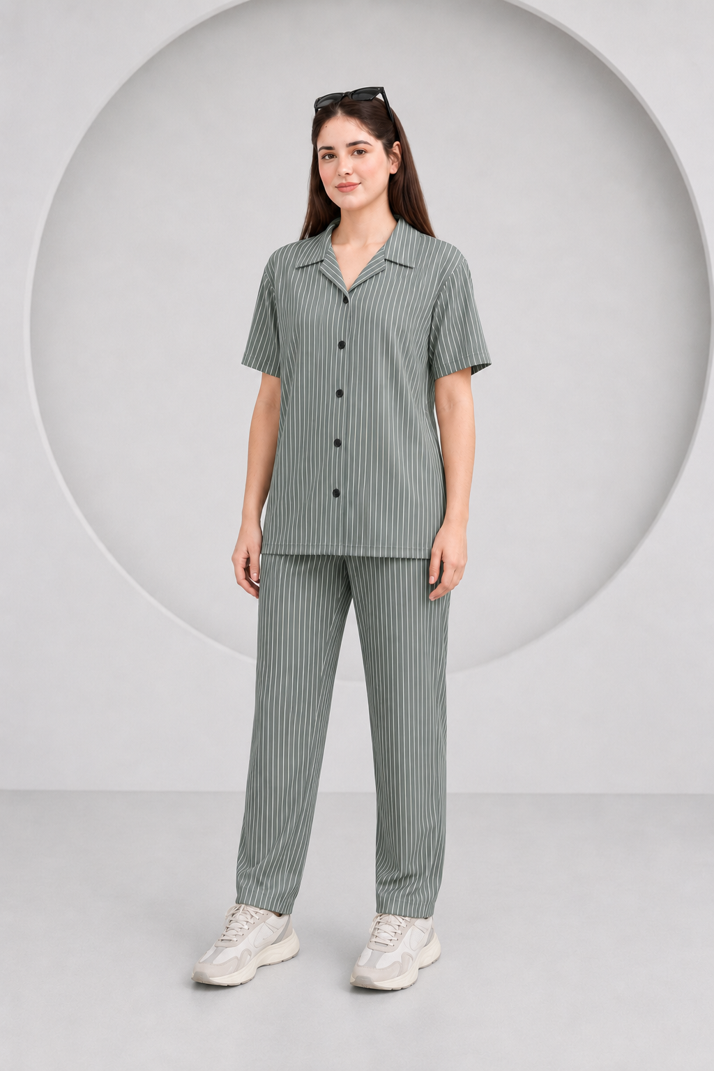 Baigino Gray Streak Button Down Co-ord Set F