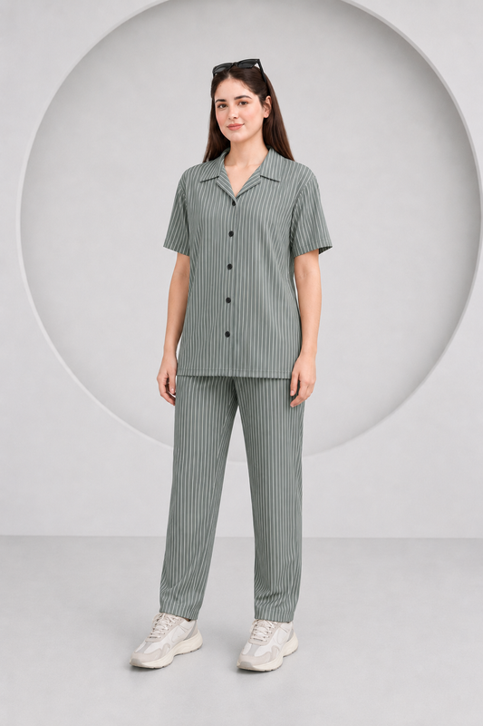 Baigino Gray Streak Button Down Co-ord Set F