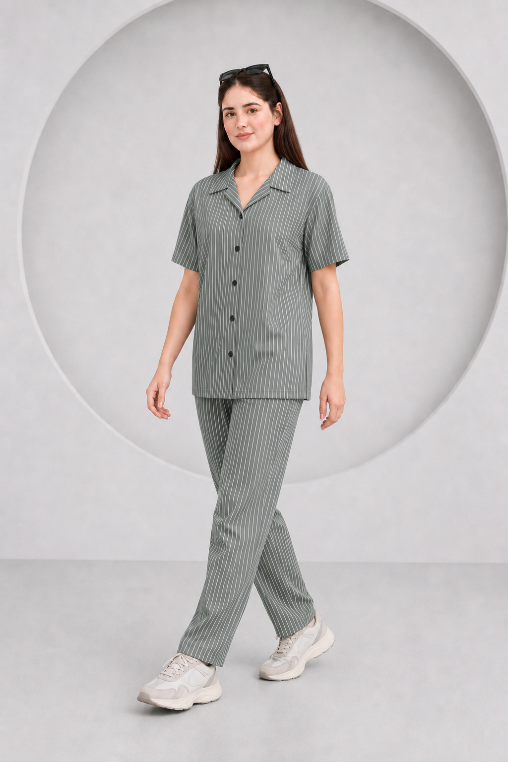 Baigino Gray Streak Button Down Co-ord Set F