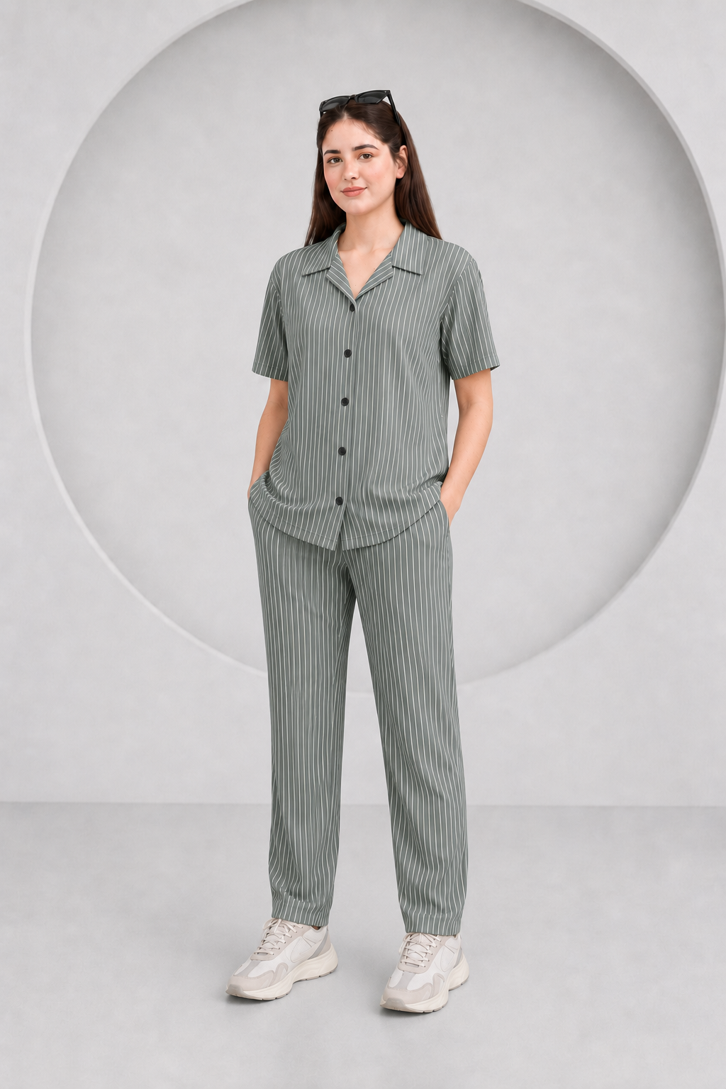 Baigino Gray Streak Button Down Co-ord Set F