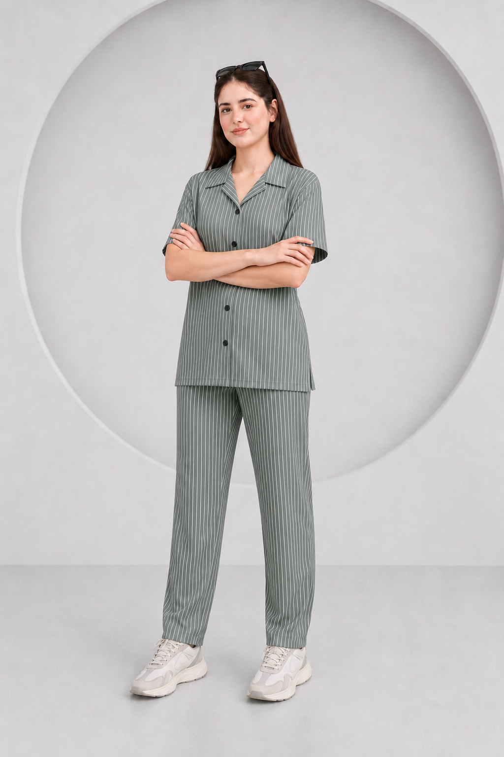 Baigino Gray Streak Button Down Co-ord Set F