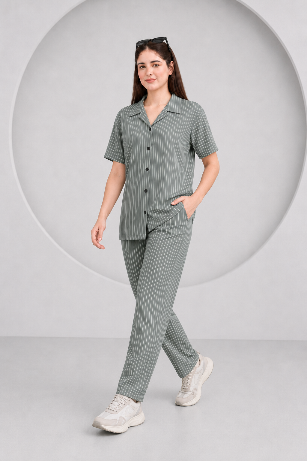 Baigino Gray Streak Button Down Co-ord Set F