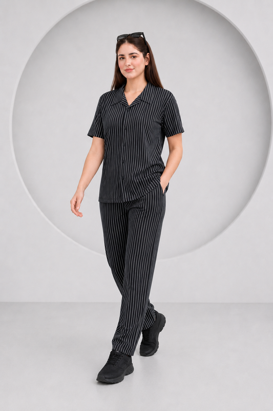 Baigino Black Streak Button Down Co-ord Set - F