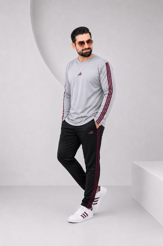 Adi Gray and Black with Mahroon stripes Full Sleeves Ultra Soft Dri-Fit Tracksuit....