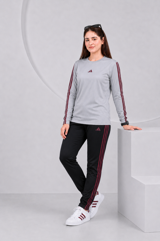 Adi Gray and Black with Mahroon stripes Full Sleeves Ultra Soft Dri-Fit Tracksuit - F