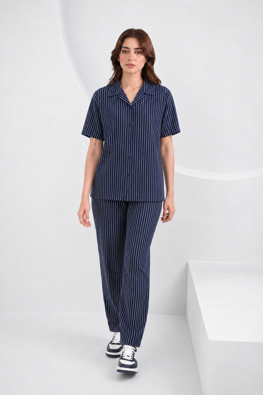 Baigino Navy Blue Streak Button Down Co-ord Set F