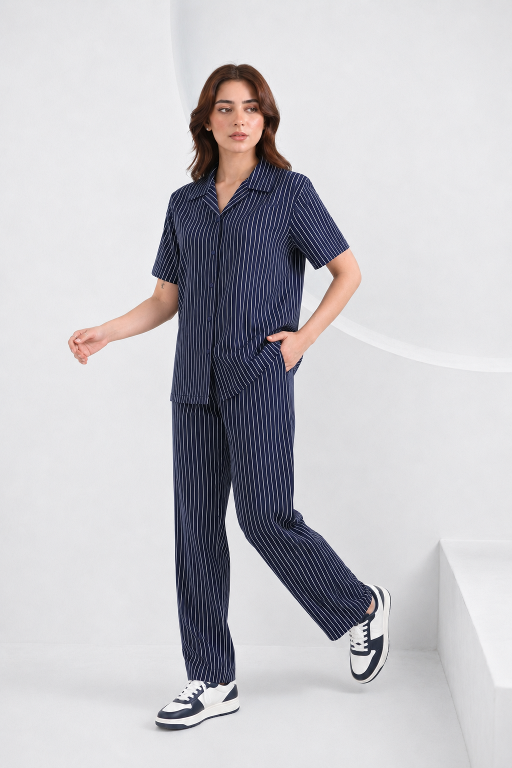Baigino Navy Blue Streak Button Down Co-ord Set F