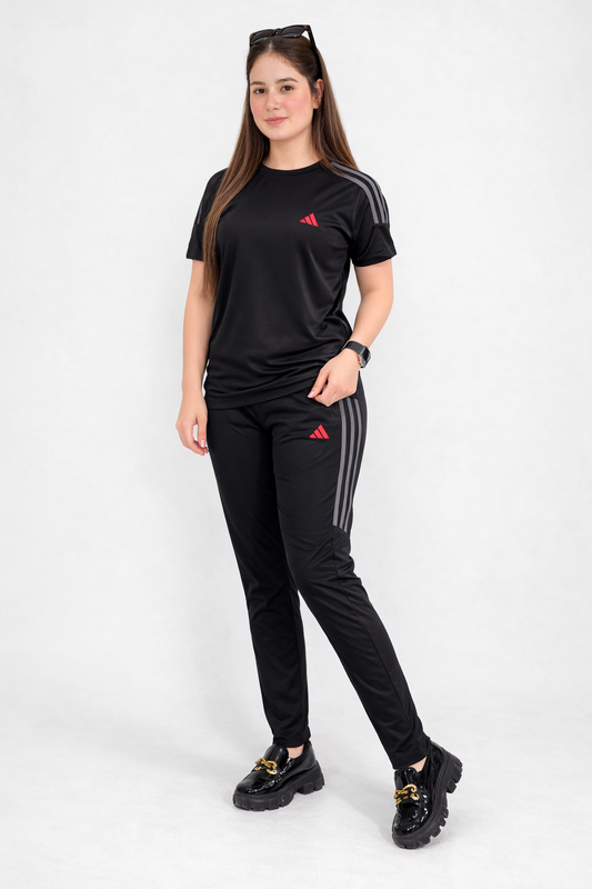 ADI Black with Grey Stripes Dri-Fit Tracksuit - L