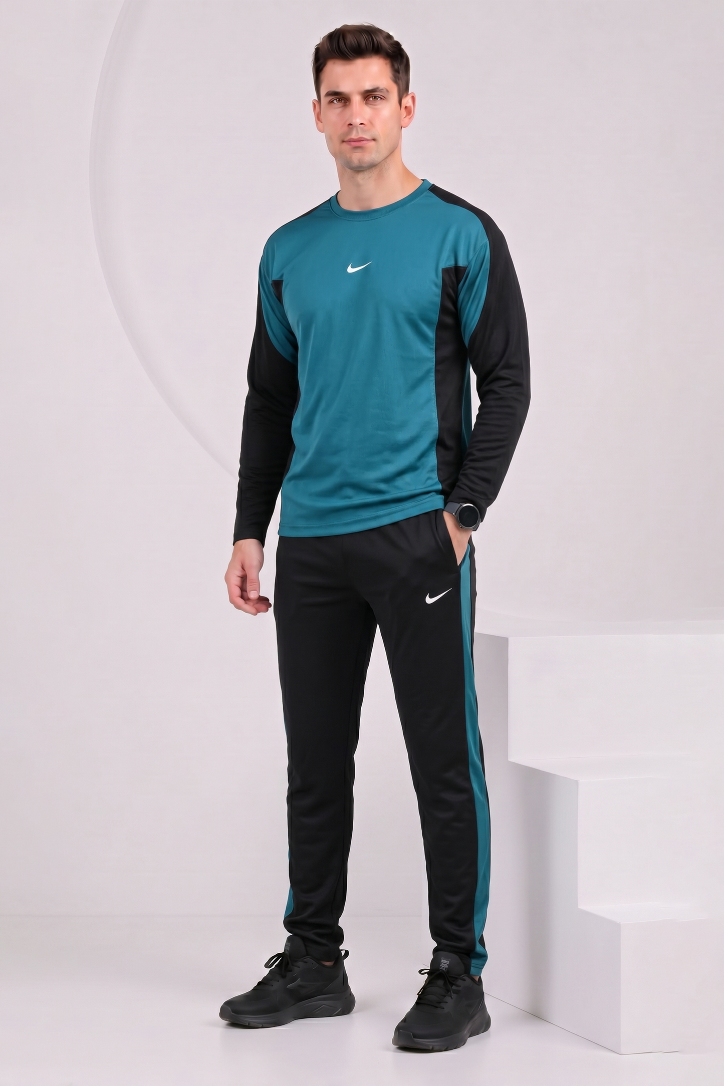 Nik Teal and Black Full Sleeves Dri-Fit Tracksuit