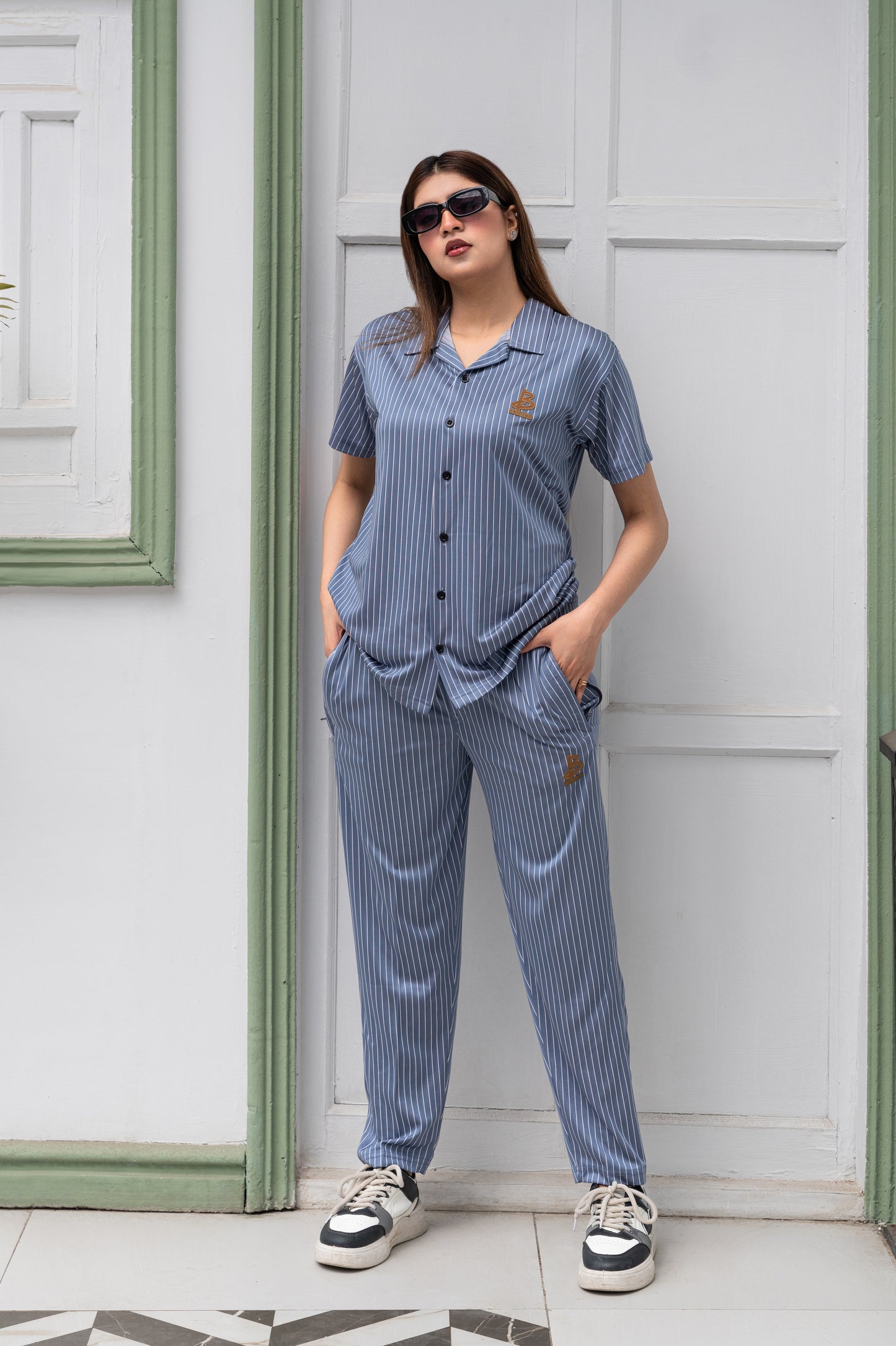 Baigino Gray Streak Button-Down Co-ord Set F