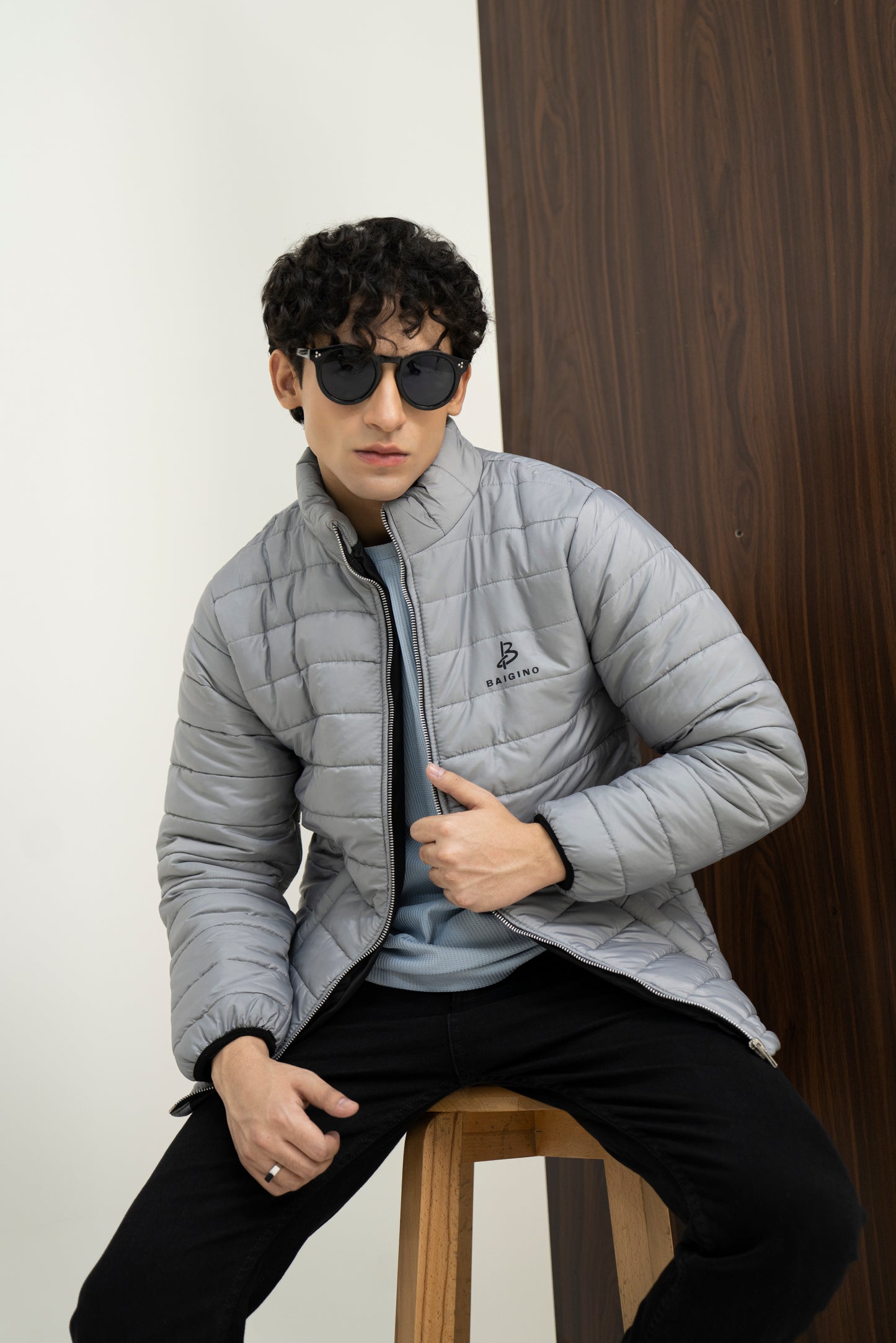 Silver Gray Full Sleeves Puffer Jacket
