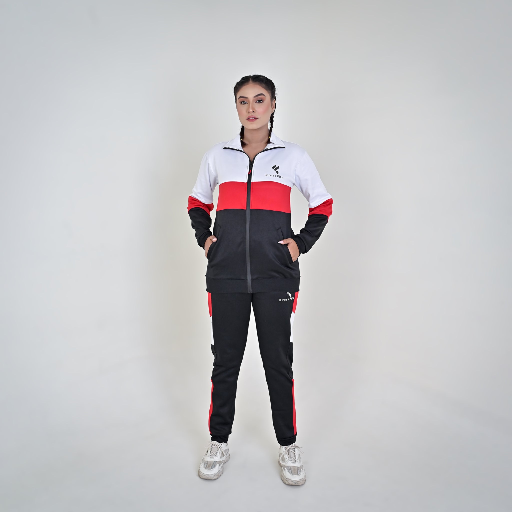 KF Black & White Red Full Sleeves Winter Tracksuit - Female