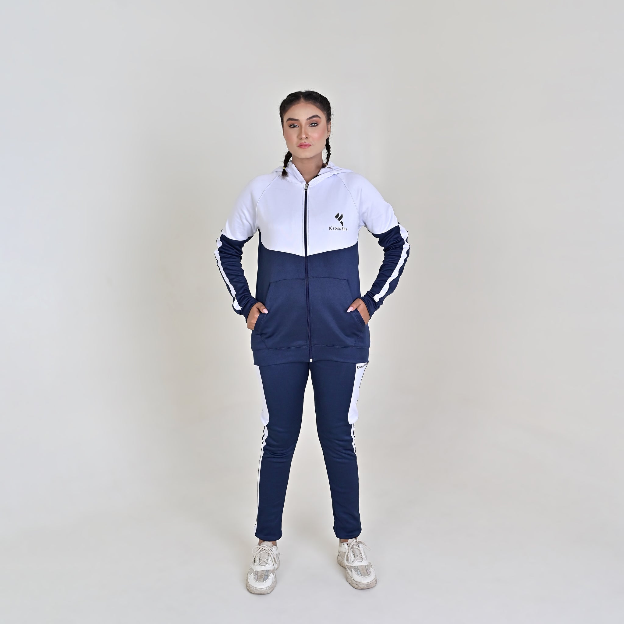 KF White & Blue Full Sleeves Winter Tracksuit - Female