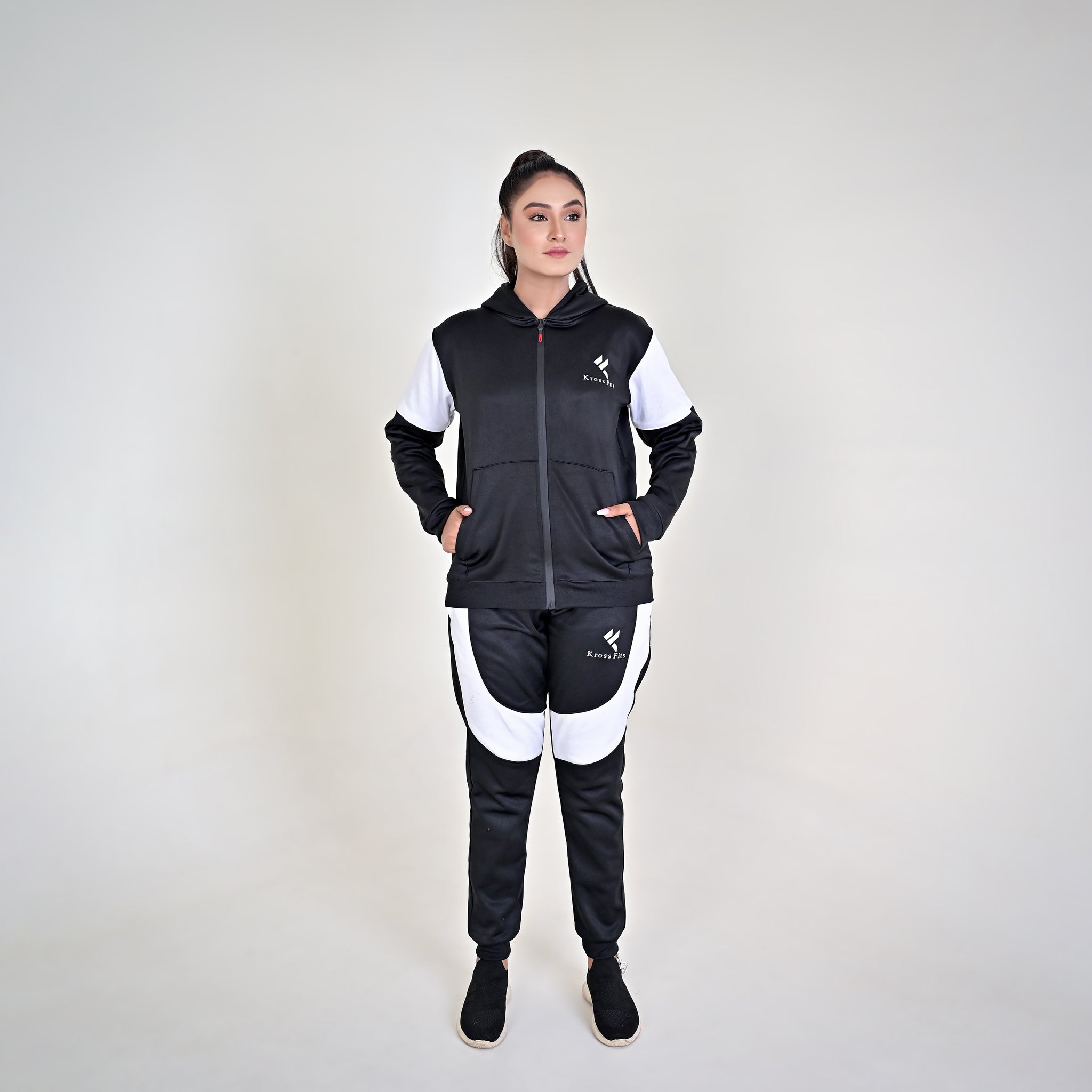 KF Black & White Full Sleeves Winter Tracksuit - Female