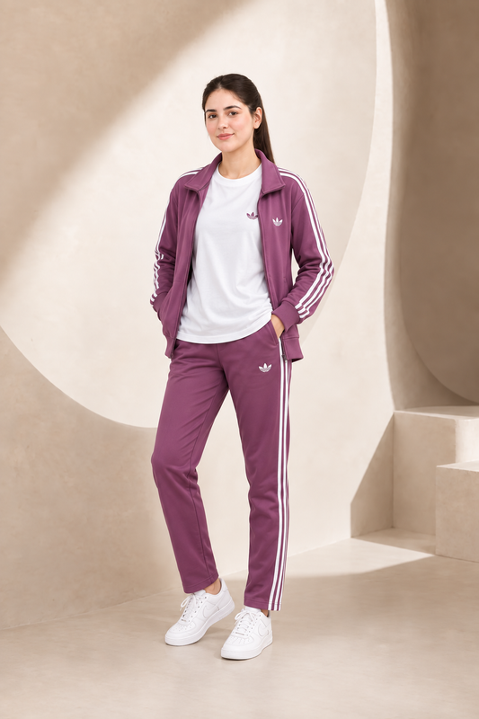 Adi Mauve & White three piece tracksuit female corrected view 1