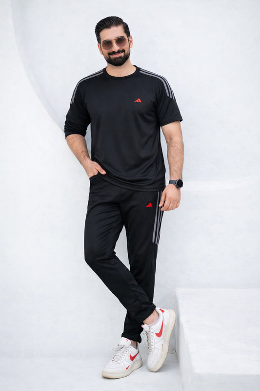 ADI Black with Grey Stripes Dri-Fit Tracksuit