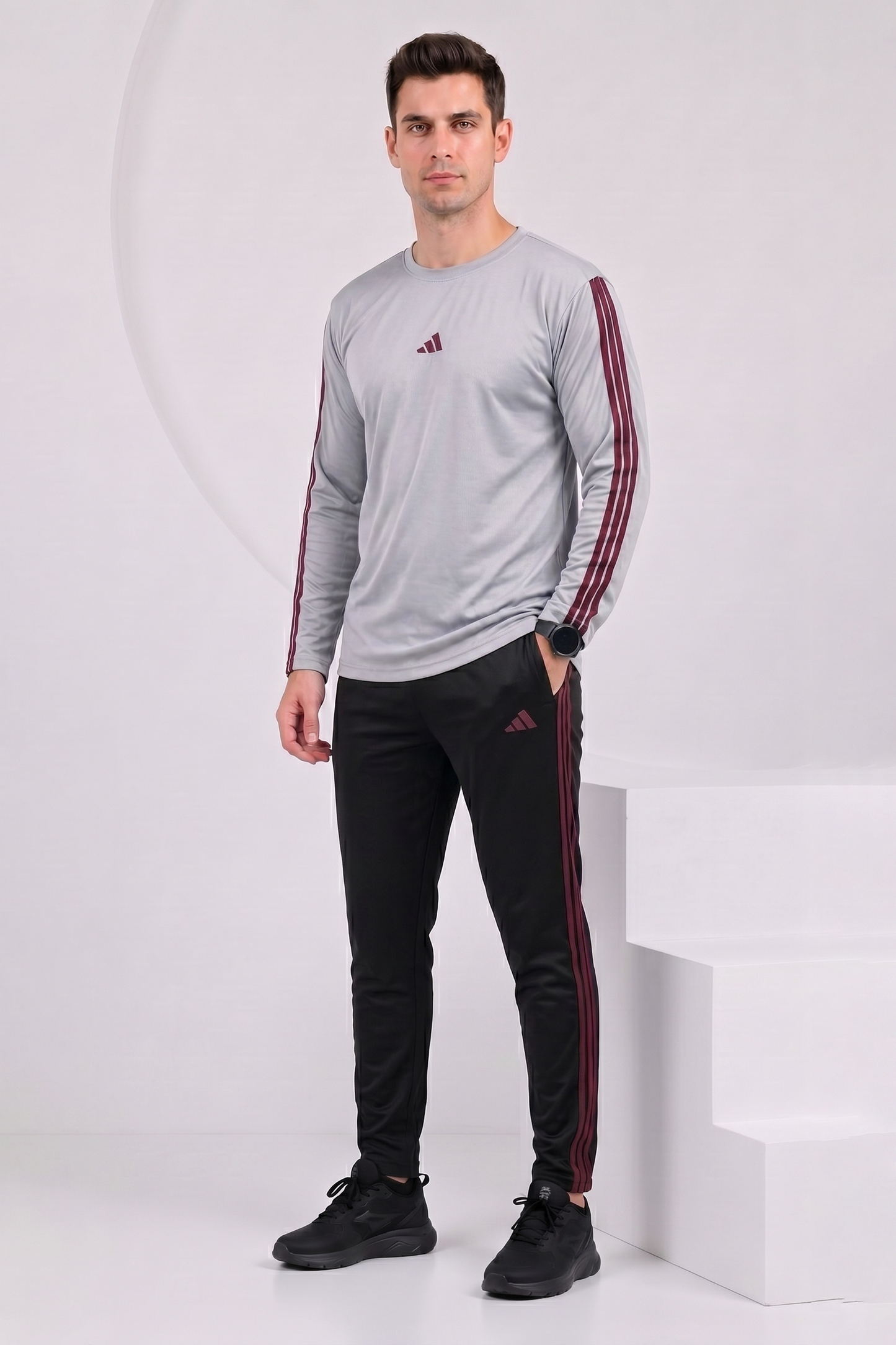 Adi Gray and Black with Mahroon stripes Full Sleeves Ultra Soft Dri-Fit Tracksuit....